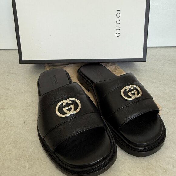 GUCCI 777849 MEN'S BLACK LEATHER INTERLOCKING G SANDALS, Gucci sz 7.5 (US 8) - Picture 2 of 13